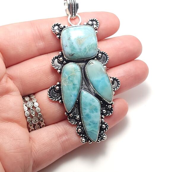 Grand Larimar Quartet Silver Pendant (2.5") with 18" Necklace - Picture 12 of 12